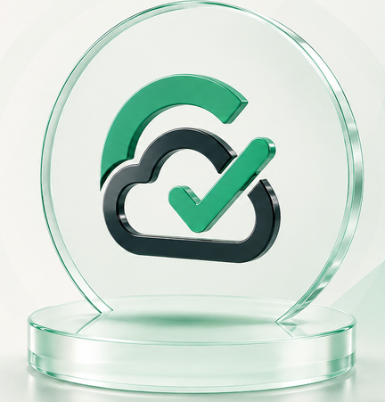Símbolo tridimensional da Contab Cloud em pedestal de vidro